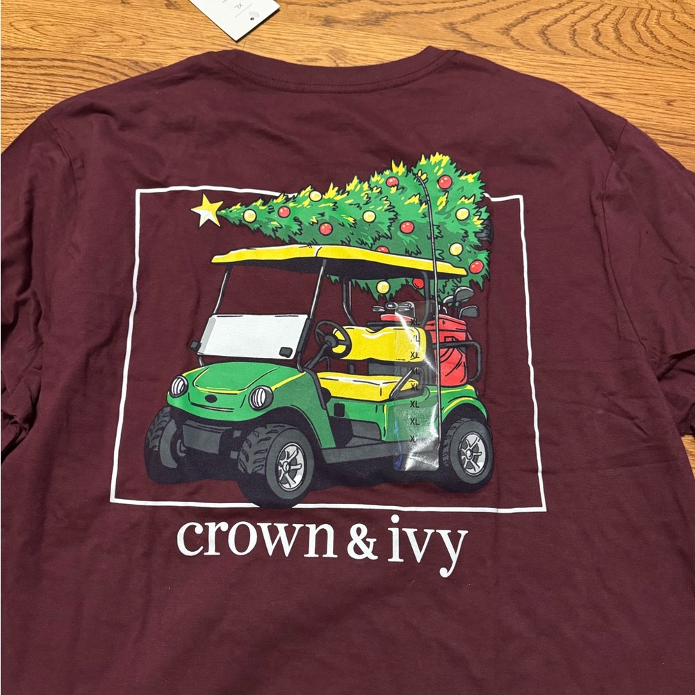 Men’s Crown & Ivy Burgundy Long Sleeve Tee with Festive Golf Cart
